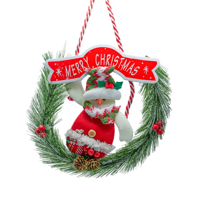 Коледен венец декоративен диаметър 23 см Изкуствена елха зелена, декорирана със Снежен човек. Коледен венец, изкуствена елха, Снежен човек, декорация за коледна врата, външен/вътрешен, празнична декорация, PVC, зелен