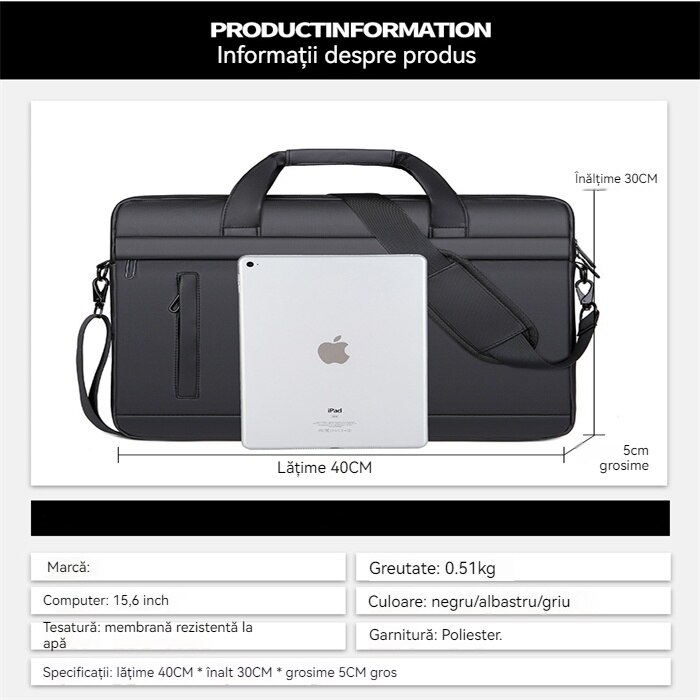 Husă laptop 15.6", impermeabilă, cu curea de umăr detasabilă, neagră