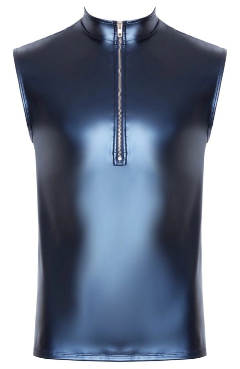 Férfi ujjatlan póló NEK, metálkék, testhezálló szabás, kis gallér, ezüst cipzár, XL INTL