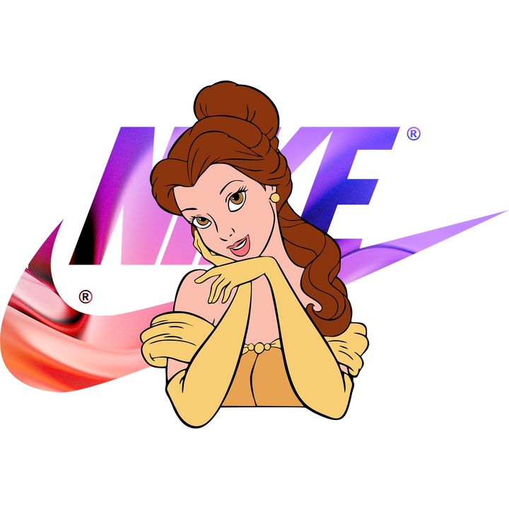 Sticker Adeziv Cu Frumoasa si bestia, Cu Textul "Nike" - Design 30, cu Margini Albe, PVC Vinyl 10CM