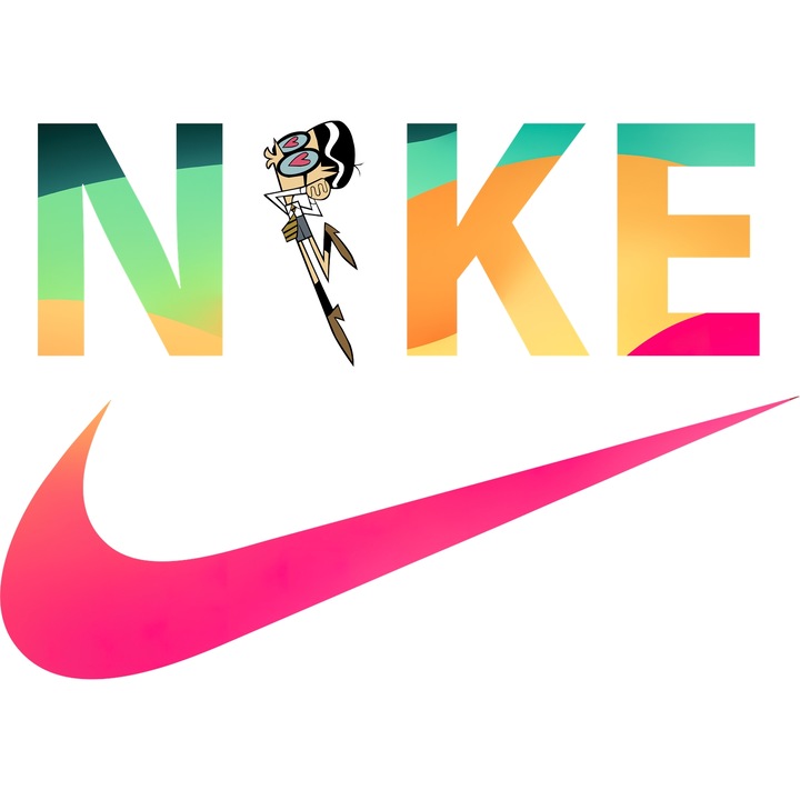 Sticker Adeziv Cu Laboratorul lui Dexter, Cu Textul "Nike" - Design 31, cu Margini Albe, PVC Vinyl 10CM