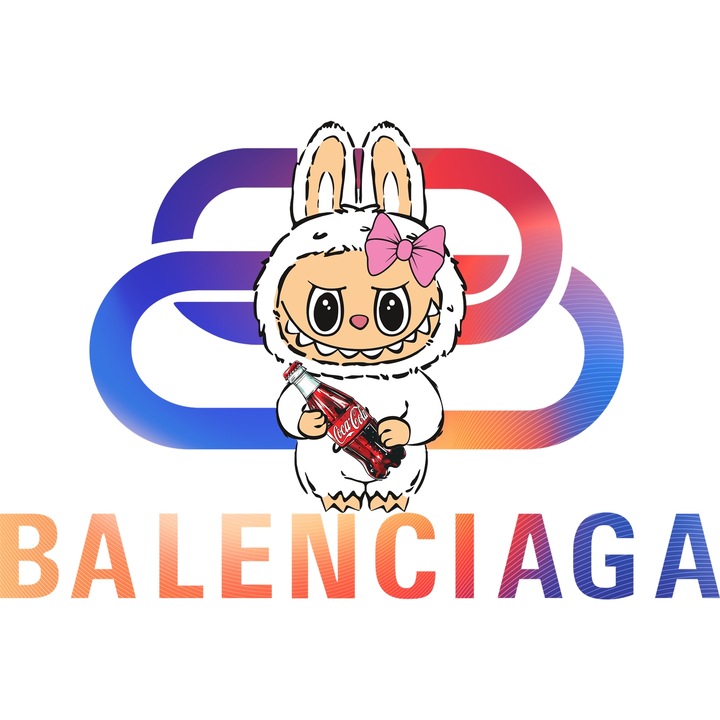 Sticker Adeziv Cu Labubu, Cu Textul "Balenciaga" - Design 7, cu Margini Albe, PVC Vinyl 90CM