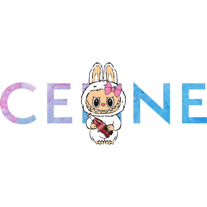 Sticker Adeziv Cu Labubu, Cu Textul "Celine" - Design 1, cu Margini Albe, PVC Vinyl 90CM