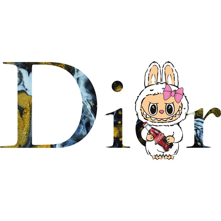 Sticker Adeziv Cu Labubu, Cu Textul "Dior" - Design 1, cu Margini Albe, PVC Vinyl 28CM