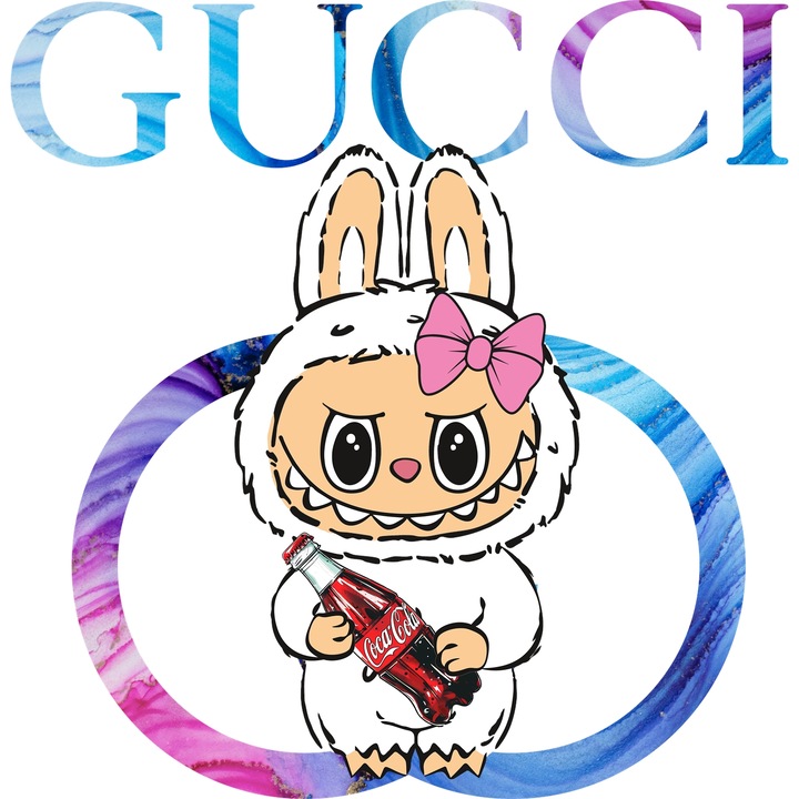 Sticker Adeziv Cu Labubu, Cu Textul "Gucci" - Design 7, cu Margini Albe, PVC Vinyl 28CM