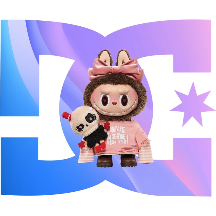 Sticker Adeziv Cu Labubu, Cu Textul "DC" - Design 2, cu Margini Albe, PVC Vinyl 15CM