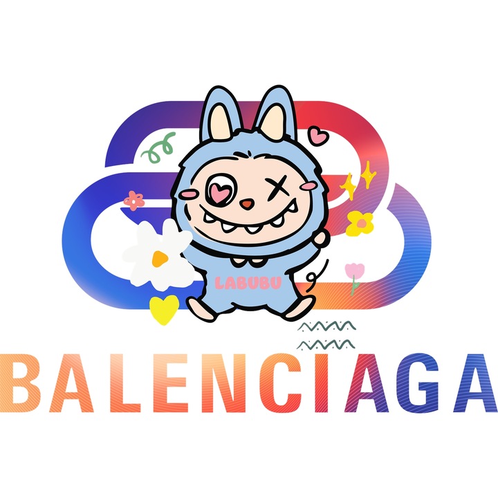 Sticker Adeziv Cu Labubu, Cu Textul "Balenciaga" - Design 9, cu Margini Albe, PVC Vinyl 40CM