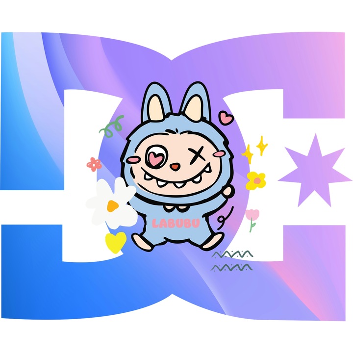 Sticker Adeziv Cu Labubu, Cu Textul "DC" - Design 3, cu Margini Albe, PVC Vinyl 60CM