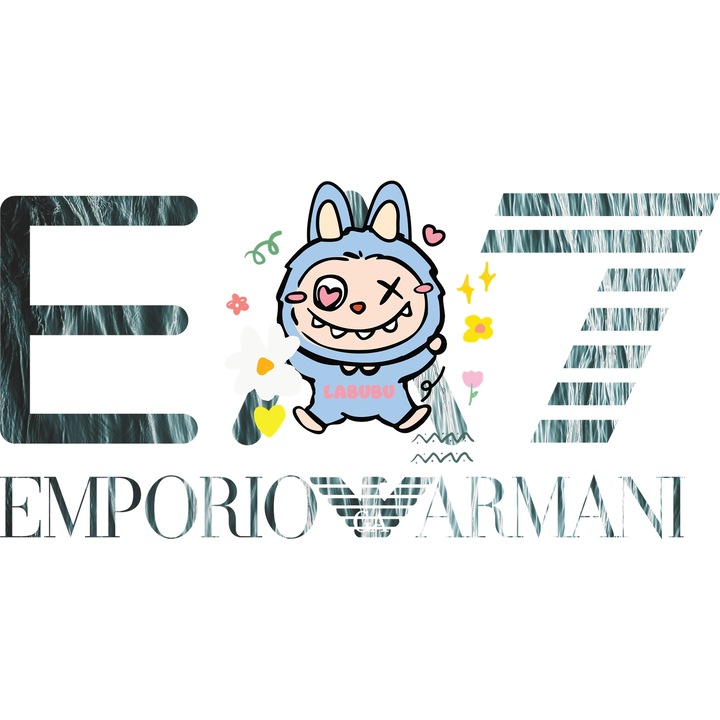 Sticker Adeziv Cu Labubu, Cu Textul "Emporio Armani EA" - Design 9, cu Margini Albe, PVC Vinyl 28CM