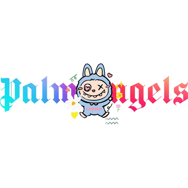 Sticker Adeziv Cu Labubu, Cu Textul "Palms Angels" - Design 3, cu Margini Albe, PVC Vinyl 28CM