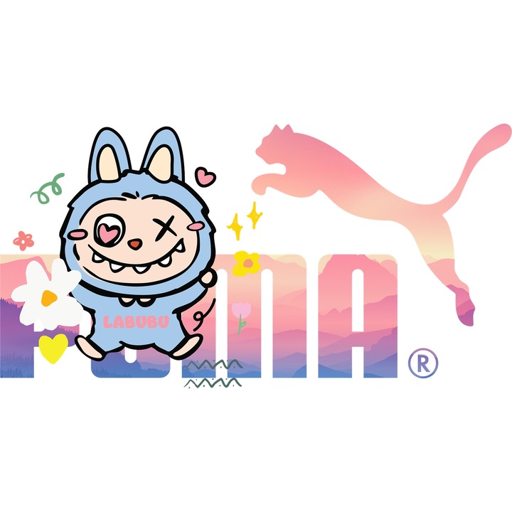 Sticker Adeziv Cu Labubu, Cu Textul "Puma" - Design 3, cu Margini Albe, PVC Vinyl 28CM