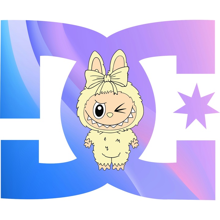 Sticker Adeziv Cu Labubu, Cu Textul "DC" - Design 4, cu Margini Albe, PVC Vinyl 15CM