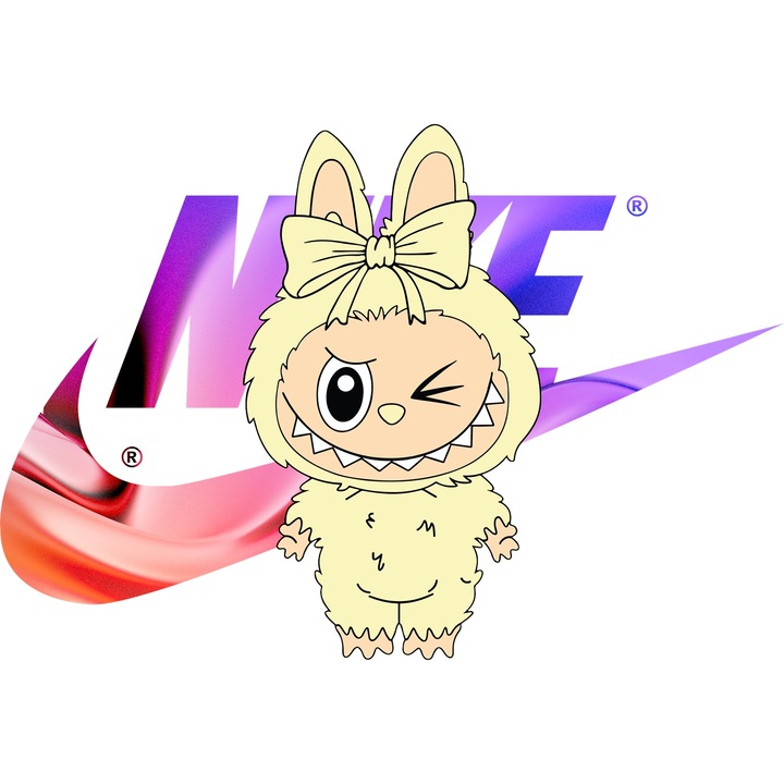 Sticker Adeziv Cu Labubu, Cu Textul "Nike" - Design 17, cu Margini Albe, PVC Vinyl 90CM