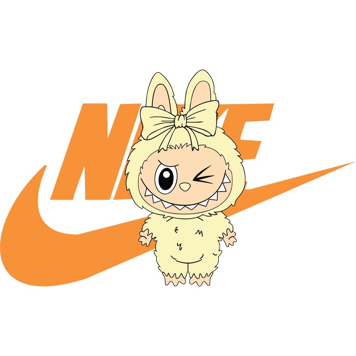 Sticker Adeziv Cu Labubu, Cu Textul "Nike" - Design 18, cu Margini Albe, PVC Vinyl 10CM