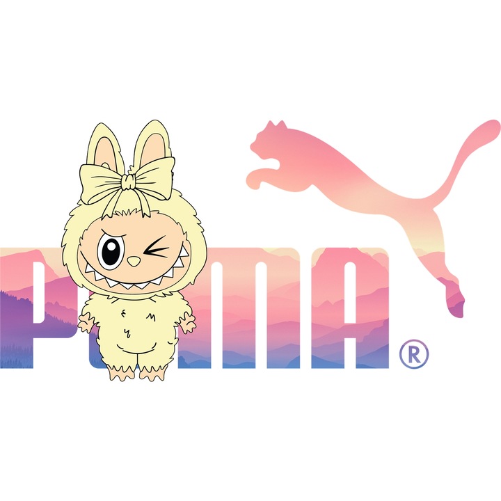 Sticker Adeziv Cu Labubu, Cu Textul "Puma" - Design 4, cu Margini Albe, PVC Vinyl 10CM