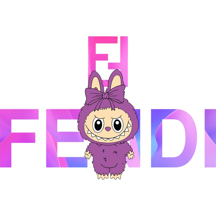 Sticker Adeziv Cu Labubu, Cu Textul "Fendi" - Design 5, cu Margini Albe, PVC Vinyl 28CM