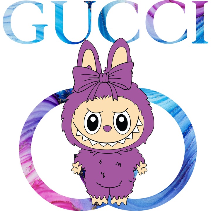 Sticker Adeziv Cu Labubu, Cu Textul "Gucci" - Design 11, cu Margini Albe, PVC Vinyl 15CM