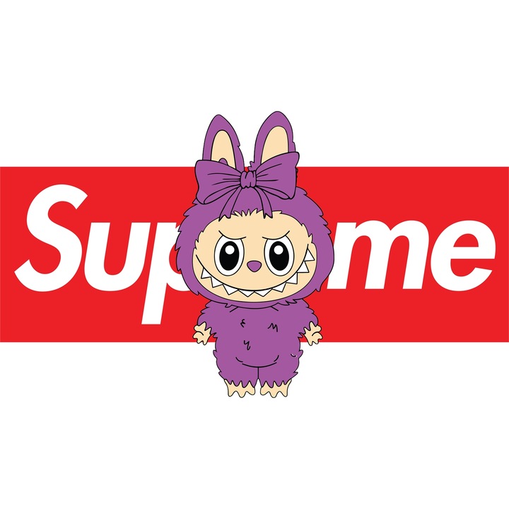Sticker Adeziv Cu Labubu, Cu Textul "Supreme" - Design 5, cu Margini Albe, PVC Vinyl 90CM