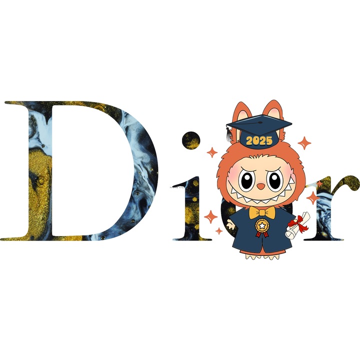 Sticker Adeziv Cu Labubu, Cu Textul "Dior" - Design 6, cu Margini Albe, PVC Vinyl 40CM