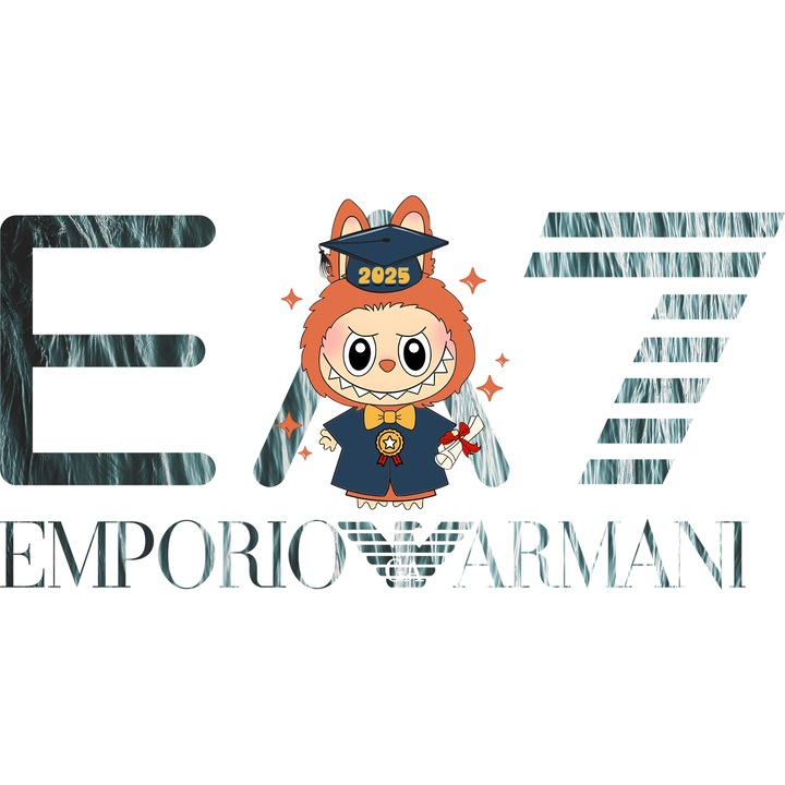 Sticker Adeziv Cu Labubu, Cu Textul "Emporio Armani EA" - Design 12, cu Margini Albe, PVC Vinyl 28CM