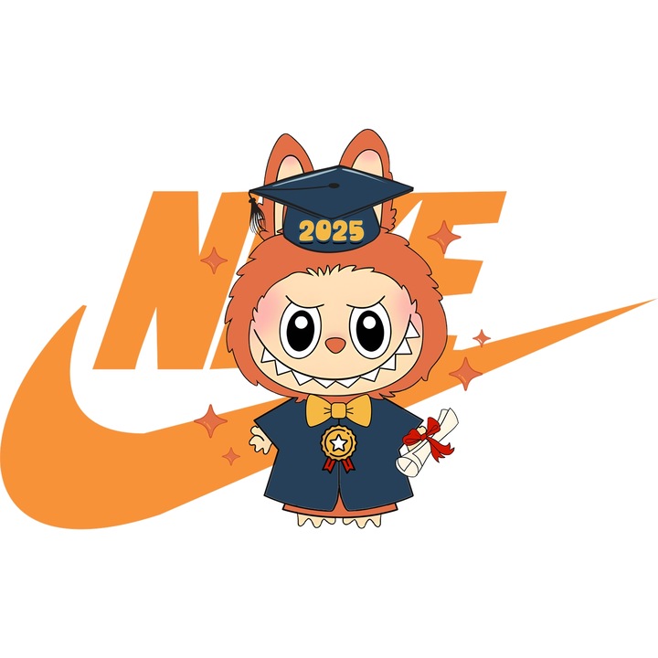 Sticker Adeziv Cu Labubu, Cu Textul "Nike" - Design 24, cu Margini Albe, PVC Vinyl 90CM