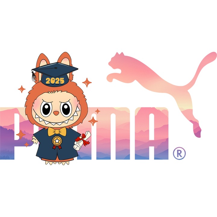 Sticker Adeziv Cu Labubu, Cu Textul "Puma" - Design 6, cu Margini Albe, PVC Vinyl 15CM