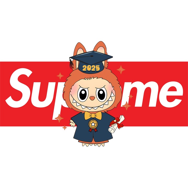 Sticker Adeziv Cu Labubu, Cu Textul "Supreme" - Design 6, cu Margini Albe, PVC Vinyl 28CM