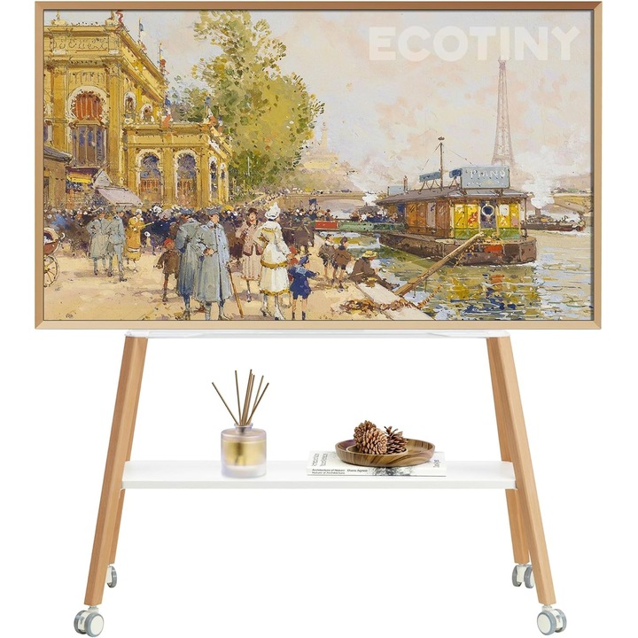 Suport TV Ecotiny, mobil pe roti, pentru televizoare 49-75 inch, pana la 40 kg, design sevalet, structura metalica, raft lemn, birou, scoala, acasa