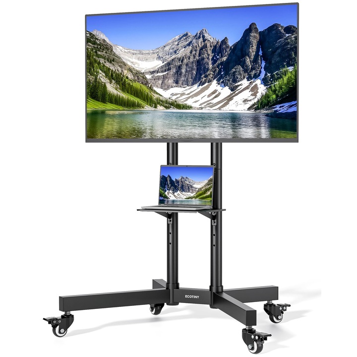 Ecotiny TV-állvány, görgőkkel, teherbírása akár 85 kg (70 kg TV + 15 kg polc), 32–85 hüvelykes tévékhez tálcával, állítható magasságú, TV-állvány, max. VESA 600×400 mm, fekete