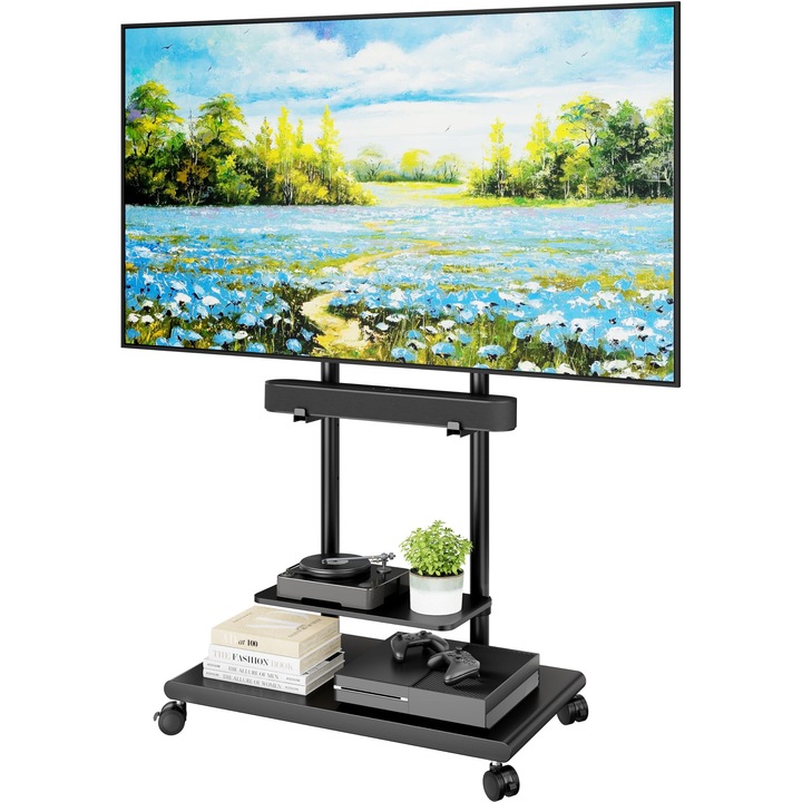 Ecotiny Forgó TV Állvány Soundbar Tartóval 50-90 Hüvelykes Televíziókhoz, Akár 70 Kg Súlyig, Állítható Magasságú és Dönthető TV Tartó Tárolórekeszekkel, Vesa Max 600 x 400 mm