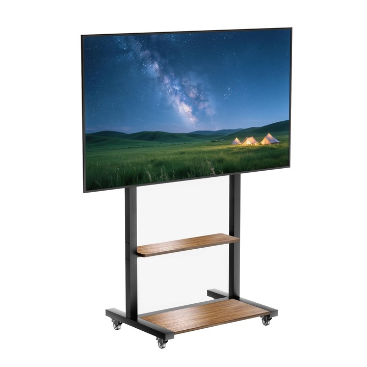 Suport TV De Podea Vanconwey Vc-Z1813, Reglabil Pe Înălțime, Raft Mare Din Lemn, Roti, 40-100 Inch, Până La 220 Lbs