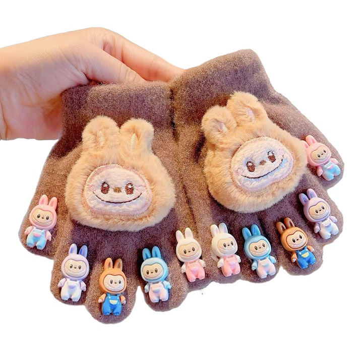 Manusi copii cu model Labubu, calde, maro inchis, 3-7 ani