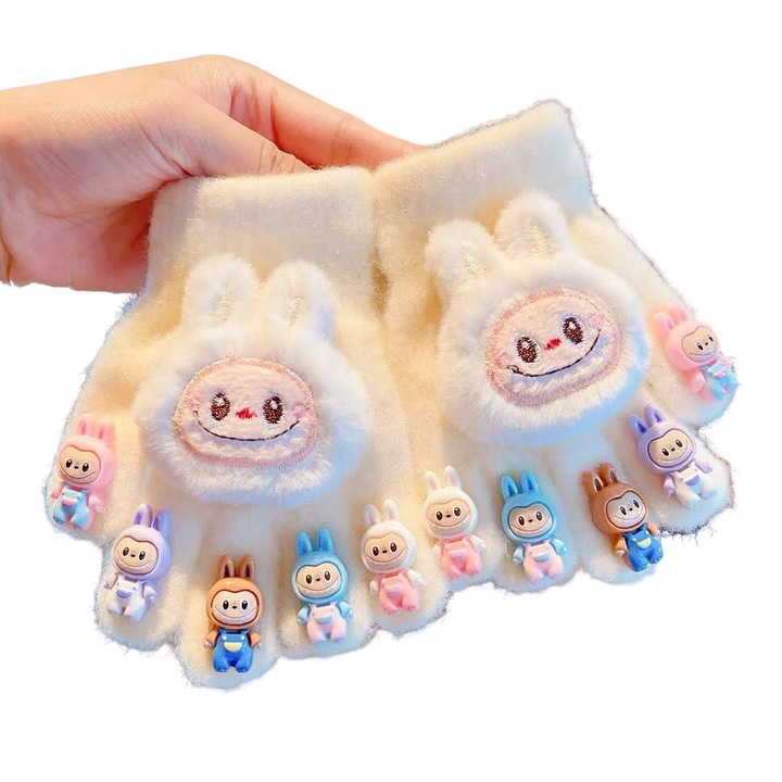 Manusi copii model Labubu, calduroase, albe, 3-7 ani