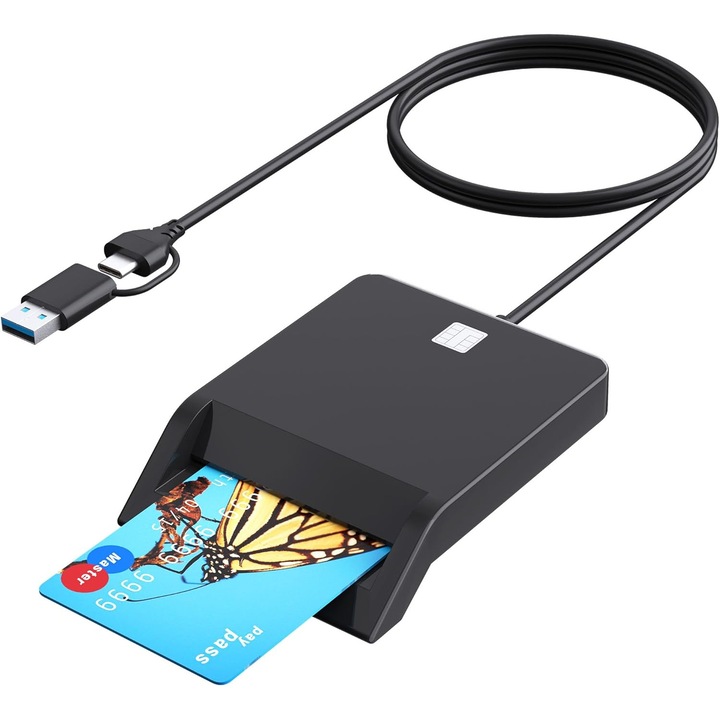 Cititor electronic carti de identitate, Smart Card FlatReader CAC, compatibilitate USB-C, USB-A, USB 2.0, card SIM / card C / carte de identitate / identificare card SD, Negru