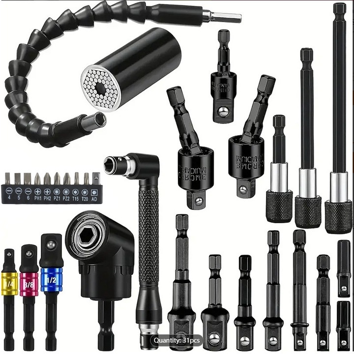 Set de 31 adaptoare pentru burghie, adaptoare pentru surubelnite de 105 grade, brat telescopic universal de 360 de grade (hexagonal → suport), multiple accesorii, compatibile cu masini de gaurit fara fir, surubelnite si surubelnite electrice. Negru