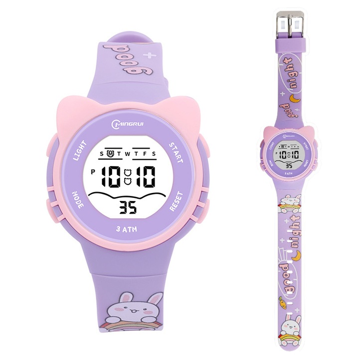 Ceas pentru copii, ZOUN, rezistenta la apa pana la 30 m, multifunctional, cu afisaj luminos, ceas cu alarma, design cu iepure, violet