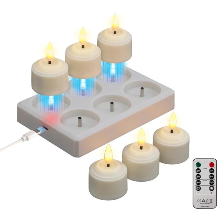 Set de 6 lumanari LED reincarcabile cu telecomanda si baza de incarcare, ZOUN, efect de lumanare, alb, 5x8cm