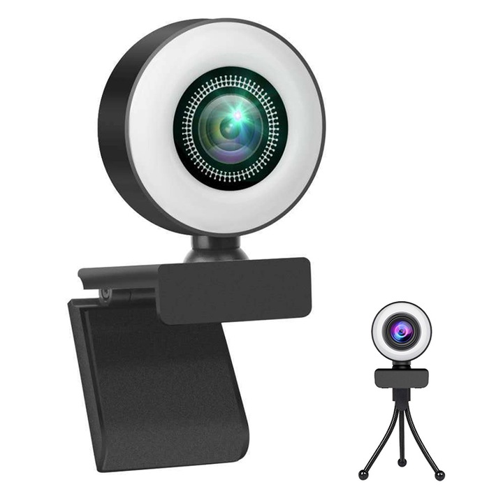 Webkamera 2K, ZOUN, 2560P, LED világítással, autofókusszal, zajszűrős mikrofonnal, nagylátószögű objektívvel, 360 fokban forgatható, univerzális állvánnyal, fekete