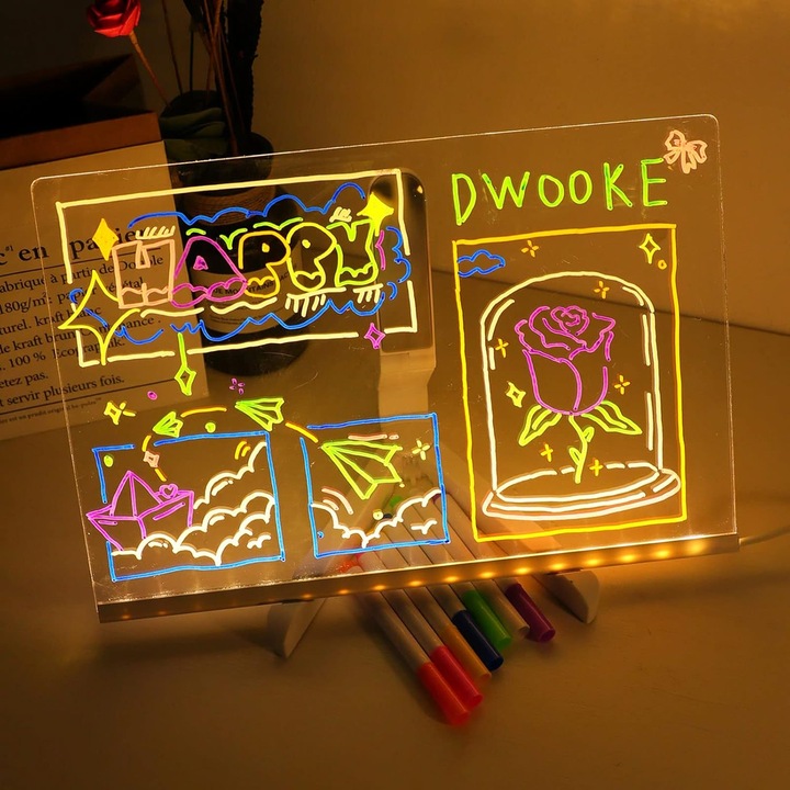 LED akril írótábla, 20x30cm, többszínű 7 markerrel és tartóval, átlátszó akril