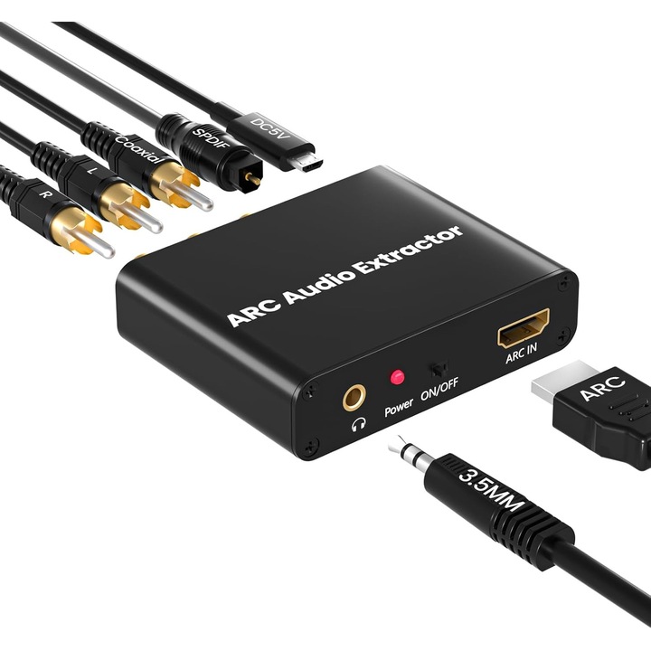 Extractor audio HDMI ARC, 192 kHz, suport 5.1 canale, iesire optica/coaxiala/L/R/3.5mm