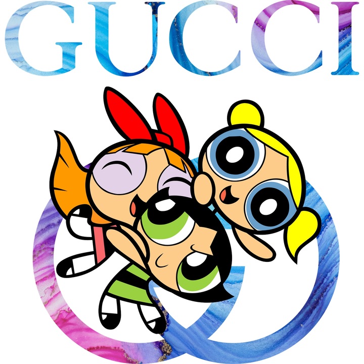 Sticker Adeziv Cu Fetitele Powerpuff, Cu Textul "Gucci" - Design 14, cu Margini Albe, PVC Vinyl 28CM