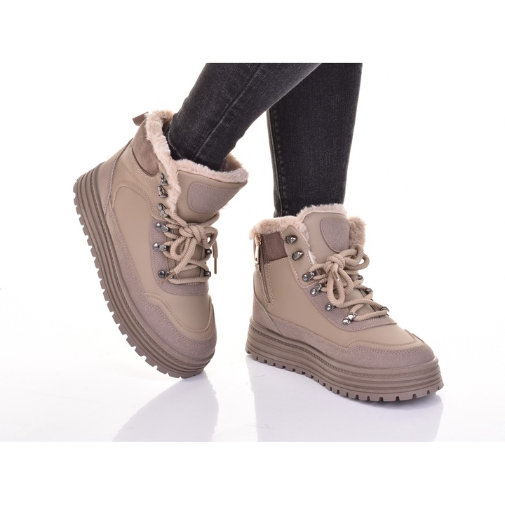 Ghete de zapada pentru dama Martinus, piele ecologica, captusite cu blana, platforma 3 cm, bej