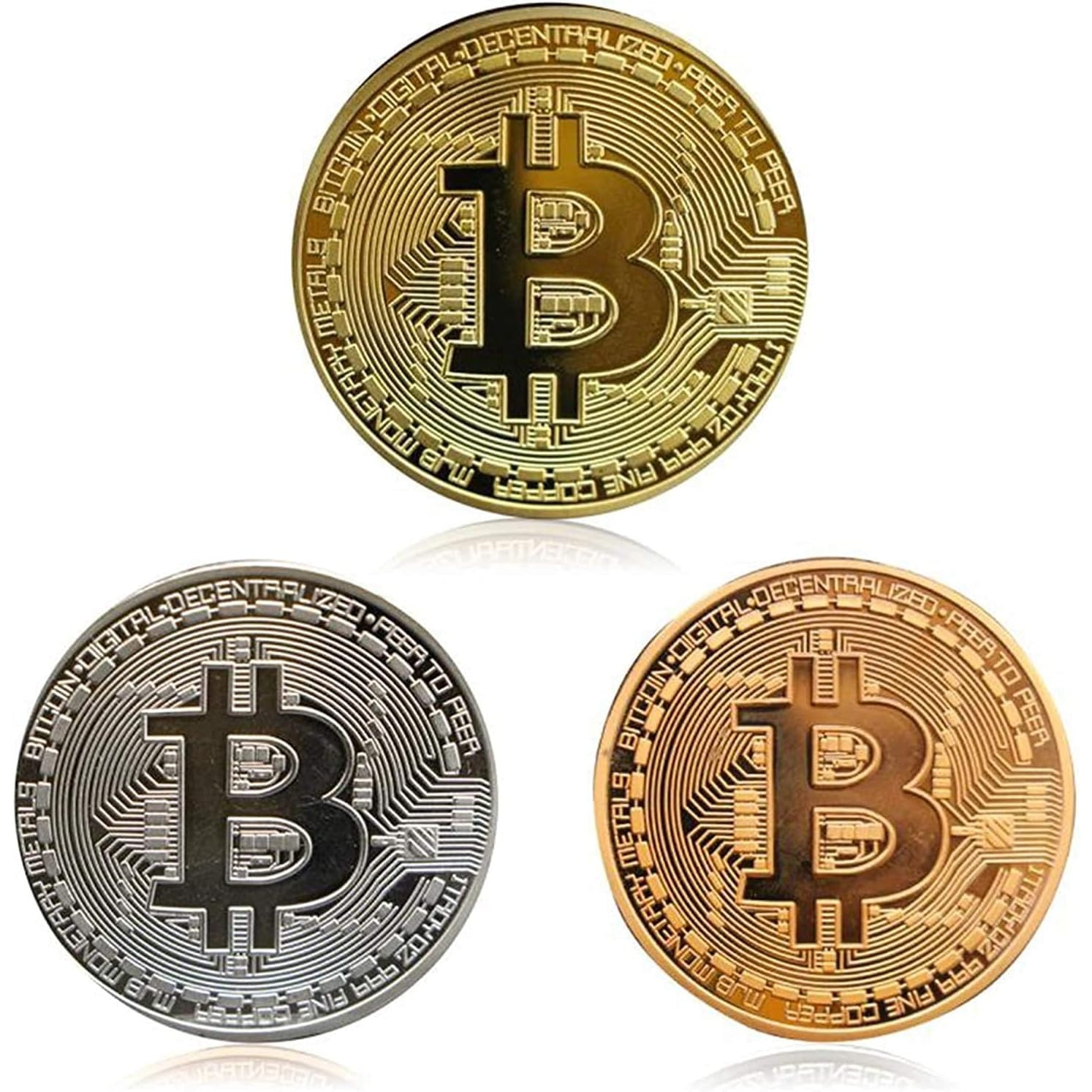 Set de 3 monede Bitcoin, aurie, argintie si bronz, cu cutie de protectie  din acril, 40mm - eMAG.ro