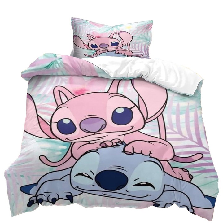 Set husa de plapuma din in, PQKL-party, 140x200 cm, roz si albastru, cu motive fermecatoare din desene animate