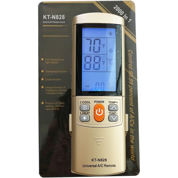 Telecomanda universala pentru aer conditionat, functie termostat, culoare aurie, dimensiuni compacte