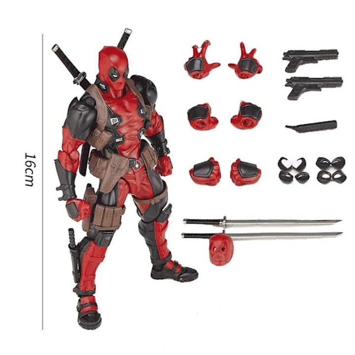 Marvel Deadpool akciófigura / gyűjtői játék, PVC, több ponton mozgatható, kiegészítőkkel (kardok, pisztolyok, cserélhető fejek és kezek), Piros/Fekete, 16 cm, 1 db