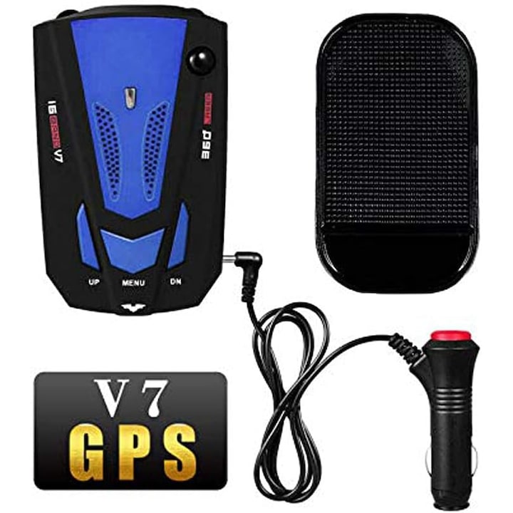 Detector radar auto V7, 16 benzi, 360 grade, filtrare alarme false, albastru, 120x75x65mm