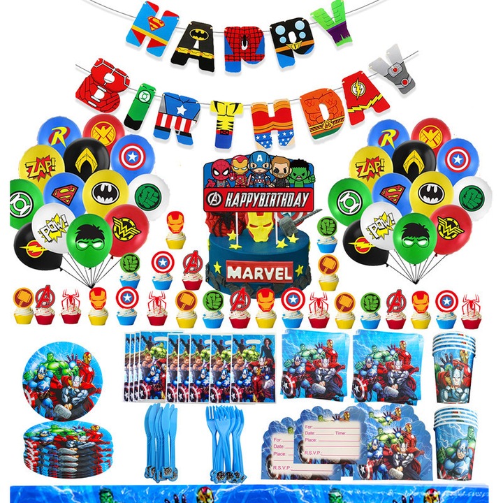 Set de articole pentru petrecerea de ziua de nastere cu tema supereroi, PQKL-party, set de 139 de piese, 10 invitatii, 32 baloane, 10 farfurii, albastru