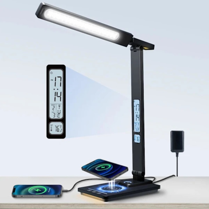 LED настолна лампа Модел 06BC88B9, настолна лампа, безжично зареждане 10W и USB порт 2.1A, 5 димируеми степени 3000-6000K, защита за очите, регулируемо сгъваемо рамо, екран с календар и аларма, черна, 1 бр