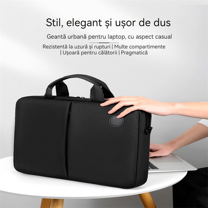 Geantă laptop 15.6", impermeabilă, curea de umăr detasabilă, neagră